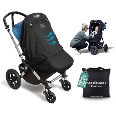 SnoozeShade Plus Extra Pram and Stroller Sun Shade Cover Blocks 99% UV UPF50+ Baby Sleep Aid and Breathable Blackout Canopy for Pushchairs Buggies and Travel Strollers - black / with grey trim
