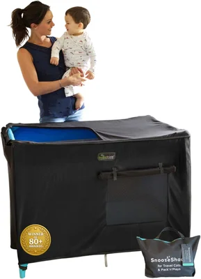SnoozeShade Travel Cot Blackout Cover and Sleep Canopy Breathable Baby Mesh Blocks 94% of Light Universal Fit for Holiday Cribs Nursery Mosquito Protection and Naps Away from Home