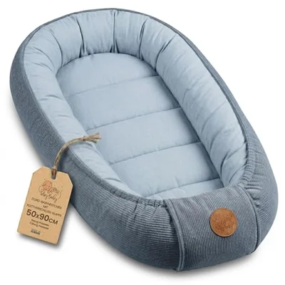 Snug Baby Nest Newborn – Baby Pod soft cuddly portable - Denim Blue Corduroy / 90x50 cm