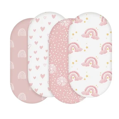 Soarwg Kids Moses Basket Sheets 82X41cm, Baby Bassinet Sheets Pram Sheet Fitted for Boy and Girl, Crib Fitted Sheets Oeko-tex100 Fit for Oval, Hourglass & Rectangle Bassinet 4 Packs Pink/White - Rainbow / 4 Packs