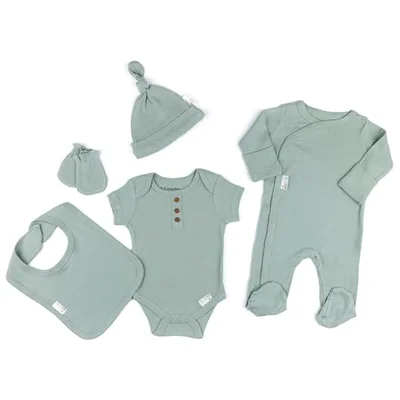 Soft Touch Newborn Essentials 100% Cotton Baby Ribbed Clothes for 0-3 Months 5 Pcs Set Long Sleeve suit, Bodysuit, Newborn Hat, Mittens, and Bib for Boys and Girls
