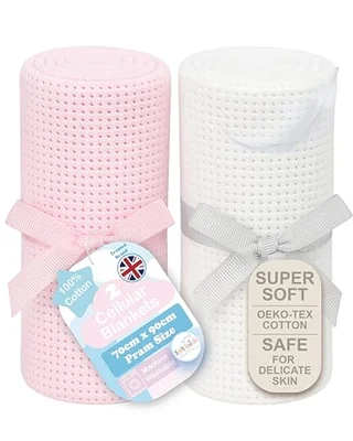 Soft Touch Newborn Essentials 70 x 90cm Cotton Baby Cellular Blanket for Pram, Car Seat and Cot Bedding - Pink & White