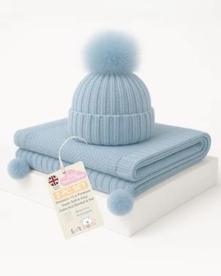 Soft Touch Newborn Essentials Knitted Pompom Hat & Blanket. Winter Accessories for Baby Boys & Girls - Blue (NB-12M) - Blue / Throw