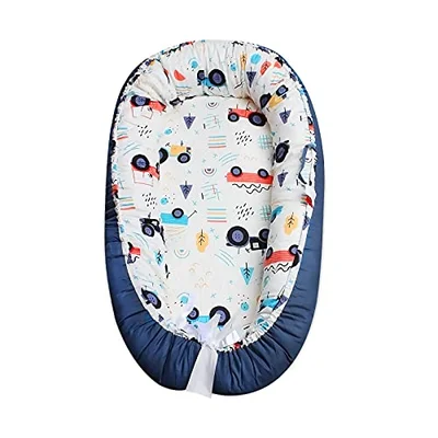 SONARIN Baby Nest for Newborn and Babies,Double Sided,Baby Bassinet for Bed/Lounger/Nest/Pod/Cot Bed/Sleep, Breathable,100% Cotton Hypoallergenic,Portable(Gray) - Blue Car