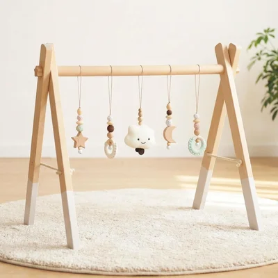 Wooden Baby Play Arch - Montessori Play Arch with 5 Detachable Sensory Toys, Foldable Baby Play Arch Baby Gym Activity Center, Newborn Gift for 0-18 Months (Style B)