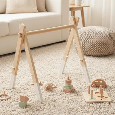 Spielbogen Baby Holz- Montessori Spielbogen mit 5 abnehmbaren Sensorischen Spielzeugen, Faltbar Baby Spielbogen Baby Gym Activity Center, Neugeborenes Geschenk für 0-18 Monate (Style B)