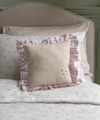 Square Linen Frill Cushion - Pink Check - Pink