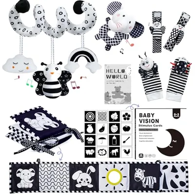 Starrykids Black and White Baby Sensory Toys, High Contrast Newborn Toy, Spiral Pram Toys for Babies, Rattles, Sensory Cards，Soft Baby Books, Newborn Gifts for 0 3 6 12 Months Boys Girls