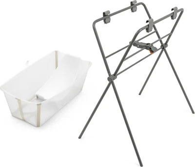 Stokke Flexi Bath (Sandy Beige) + Newborn Support + Flexi Bath Stand - Best for Newborns & Babies Up to 48 Months - Foldable, Durable & Easy to Store
