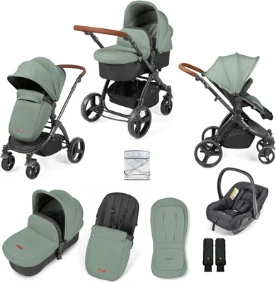 Stomp Urban 3 in 1 Travel System Pushchair with Astral Car Seat and Accessories - Matte Black/Sage Green/Tan