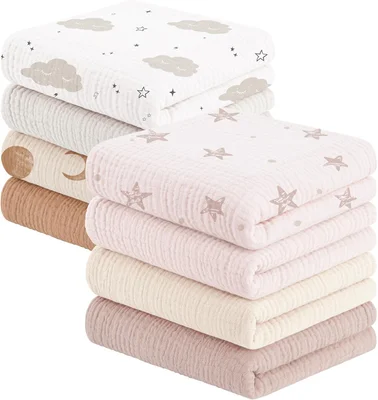 Susurration Muslin Cloths for Baby, 100% Cotton Baby Muslin Squares Cloths for Newborn Boy and Girl, Soft, Breathable and Extremely Absorbent Baby Muslin Burp Cloths, 60 x 60 cm, 8 Pack - Pinkbrown Print / 60x60 cm