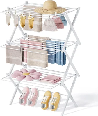 SYKIARIOL Clothes Airer, Foldable Clothes Drying Rack, Space-Saving Clothes Horse with 3 Levels, Extendable Indoor Drying Rack Laundry