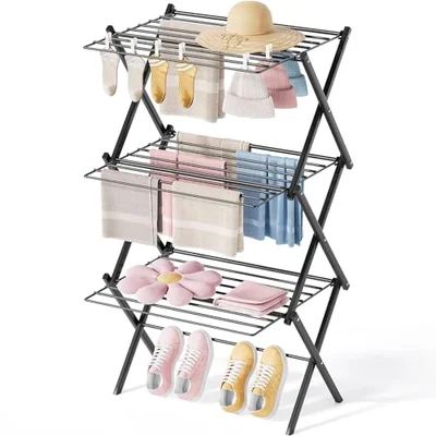 SYKIARIOL Clothes Airer, Foldable Clothes Drying Rack, Space-Saving Clothes Horse with 3 Levels, Extendable Indoor Drying Rack Laundry, 52 X 54 X 114cm (White) - Black