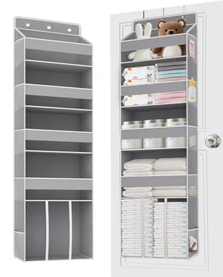 TAHAVICE 5-Shelf Over Door Storage Organiser with 10 Mesh Side Pockets, 40 lbs Load Baby Nappy Storage with Clear Window, Behind Door Hanging Storage for Laundry Bathroom Nursery Bedroom