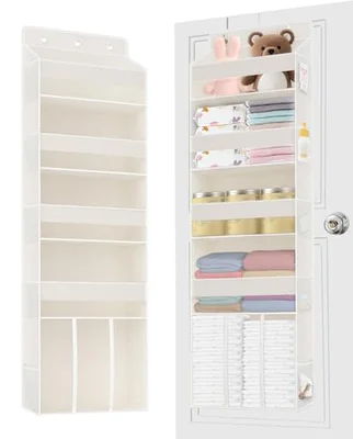 TAHAVICE 5-Shelf Over Door Storage Organiser with 10 Mesh Side Pockets, 40 lbs Load Baby Nappy Storage with Clear Window, Behind Door Hanging Storage for Laundry Bathroom Nursery Bedroom - Beige
