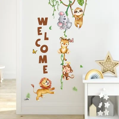 Tanlaby Jungle Animal Wall Stickers, Forest Animals Wall Decals, Hippo Lion Giraffe Elephent Zebra Self-Adhesive Removable Wall Art Sticker for Nursery Kids Bedroom Playroom Living Room Wall Decor