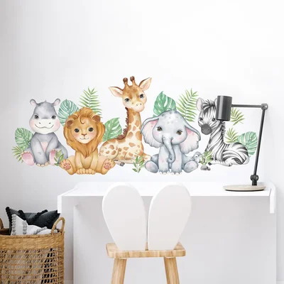 Tanlaby Jungle Animal Wall Stickers, Forest Animals Wall Decals, Hippo Lion Giraffe Elephent Zebra Self-Adhesive Removable Wall Art Sticker for Nursery Kids Bedroom Playroom Living Room Wall Decor - Horizontal
