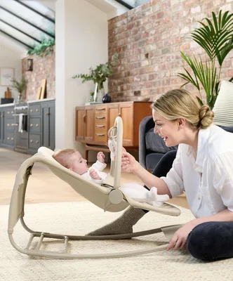 Tempo 3-in-1 Baby Rocker/Bouncer - Sand/Beige Electric Infant Chair Reclined, Low & High Bounce Modes Newborn to 6 Months Sensory Toy Ba