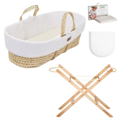 The Little Green Sheep Cable Wheat Knit Moses Basket Essential Bundle- White - Rocking Stand