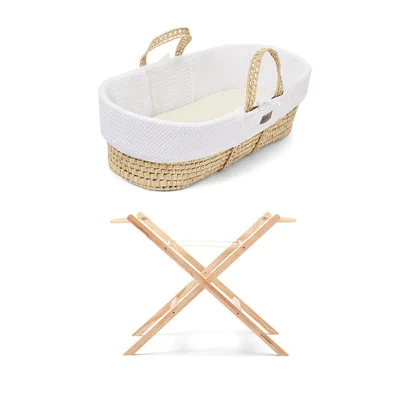 The Little Green Sheep Wheat Knit Moses Basket and Foldable Stand Bundle - White / Natural - White / Natural