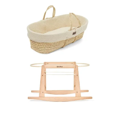 The Little Green Sheep Wheat Knit Moses Basket and Rocking Stand Bundle - Linen / Natural