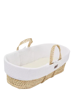 Organic Wheat Knitted Moses Basket, Mattress & Walnut Foldable Stand Linen