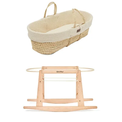 The Little Green Sheep Wheat Knit Moses Basket and Rocking Stand Bundle - Linen / With Rocking Stand / Without Fitted Sheets