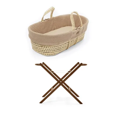 The Little Green Sheep Wheat Knit Moses Basket and Foldable Stand Bundle - Truffle / Walnut / Without Fitted Sheets