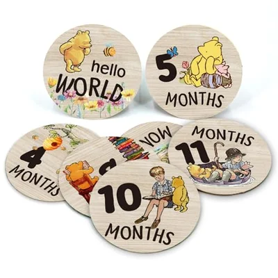 The Pooh Baby Bear Month Milestone Circles, Wooden Discs Stuff for Baby Photo Takens with Hello World Name Signs - 7Pcs Double Sided Signs for Documenting Growth