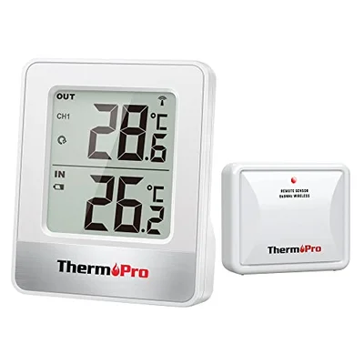 ThermoPro TP200C Indoor Outdoor Thermometer Wireless, Greenhouse Thermometer with Temperature Sensor Up to 150m, Outdoor Thermometers for Patio Garden Cellar Home Room - White Indoor-Outdoor / Classic