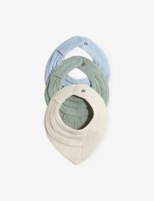 Three-Piece Cotton-Muslin Bib Set - Blue Dusty Light