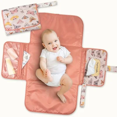Tiny Twinkle Portable Baby Changing Mat โ Foldable & Washable Travel Changing Pad โ Diaper & Nappy Changing Mat with Smart Wipes Pocket & Storage (Boho Rainbow) - Flutter