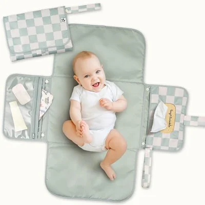 Tiny Twinkle Portable Baby Changing Mat â Foldable & Washable Travel Changing Pad â Diaper & Nappy Changing Mat with Smart Wipes Pocket & Storage (Boho Rainbow) - Sage Checkers
