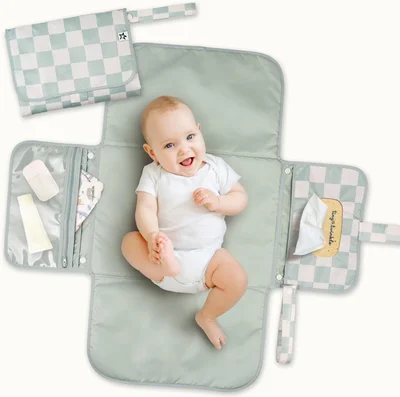 Tiny Twinkle Portable Baby Changing Mat โ Foldable & Washable Travel Changing Pad โ Diaper & Nappy Changing Mat with Smart Wipes Pocket & Storage (Green Plaid) - Sage Checkers