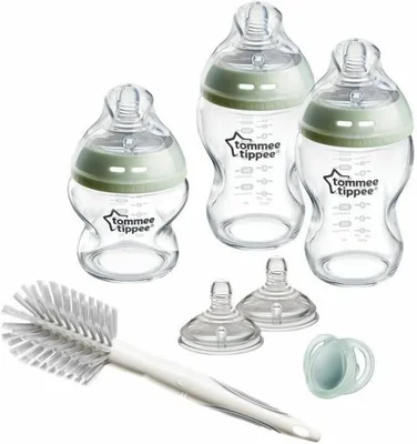 Tommee Tippee -Baby Bottles, Natural Glass Starter Set for Newborn, Anti-Colic Bottles (150 ml and 250 ml), Breast-like Teat, Self-Sterile, Accessories