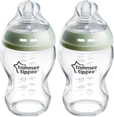 Tommee Tippee Natural Start Anti-Colic Glass Baby Bottle, 250ml, 0+ Months, Slow Flow Breast-Like Teat for a Natural Latch, Anti-Colic Valve, Self-Sterilising, Pack of 2