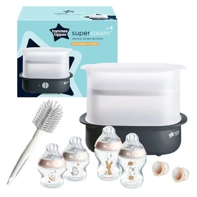 Tommee Tippee Super-Steam Advanced Electric Steriliser & Newborn Baby Bottle Starter Kit Set - Pink - Pink / 0-1m