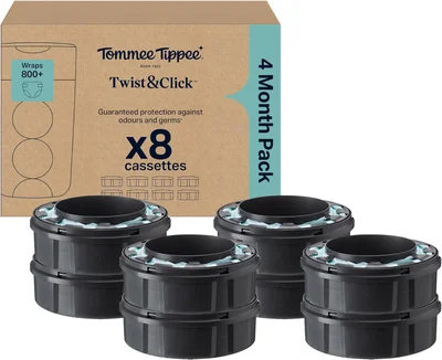 Tommee Tippee Twist & Click Advanced Nappy Bin Original Refill Cassettes Exclusive Pack of 8, 10.5 Metres Each, Easy, Affordable Refill, 8 x 10.5 m