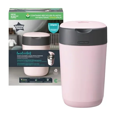 Tommee Tippee Twist and Click Nappy Bin, Includes 1x Refill Cassette with Multilayer, Antibacterial Film, 100 percent Recycled Chassis, Pink - Pink / 1 Count (Pack of 1)