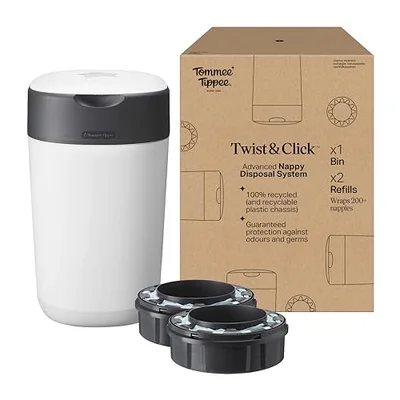 Tommee Tippee Twist & Click Nappy Bin, Exclusive Pack with 2 Refill Cassettes (1 Pre-Loaded, 1 Extra), Guaranteed Odour & Germ Protection, Large Capacity, Pack May Vary - White / NAPPY BIN + 2 PACK CASSETTE