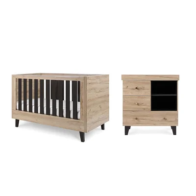 Tutti Bambini Como Nursery Furniture Set (2 Piece) | Convertible Baby Cot Bed & Baby Changing Unit Chest of Drawers | Bedroom Furniture Set | Distressed Oak/Slate Grey - Distressed Oak/Slate Grey / Polyester Fibre Cot Bed Mattress