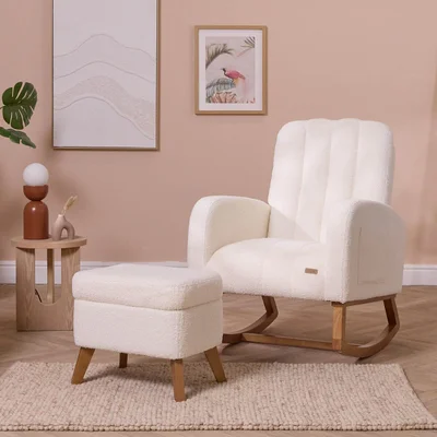 Tutti Bambini Luca Bouclé Baby Rocking Chair with Footstool – Nursing Chair with Ergonomic Backrest & Armrests, Soft Bouclé Upholstery with Side Pocket for Comfortable Feeding & Cradling - Fresh Cream