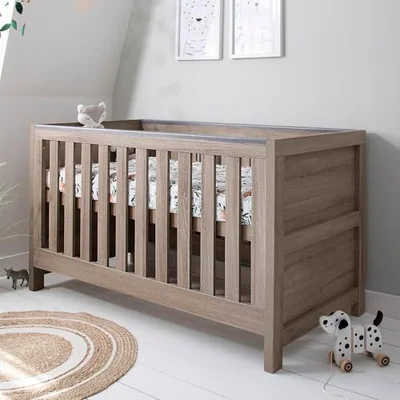 Tutti Bambini Modena Baby Cot Bed - 3-in-1 Wooden Baby Cot/Crib, Toddler & Day Bed with Teething Rails & Adjustable Base, from Birth to 6 Years, Grey Ash & White (140 x 70 cm)