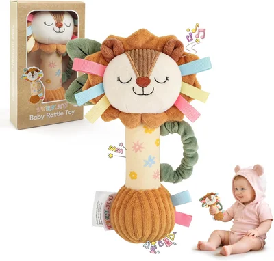 TYRY.HU Baby Rattle Toy,Plush Lion Sensory Shaker with Bells, Crinkle & Squeaker,Soft Sensory Toy with Sound for Newborn Infant Toddler Girls Boys 0-12 Months