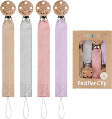 TYRY.HU Dummy Clip for Baby Soft Fabric Pacifier Clips Handmade Ribbon Strap Pacifer Chain Holder Set for Boys and Girls Fits Most Pacifiers Unisex Newborn Universal 4 Pack - Khak+Grey+Pink+Purple
