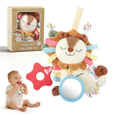 TYRY.HU Baby Rattle Toy,Plush Lion Sensory Shaker with Bells, Crinkle & Squeaker,Soft Sensory Toy with Sound for Newborn Infant Toddler Girls Boys 0-12 Months - Lion rattle pendant