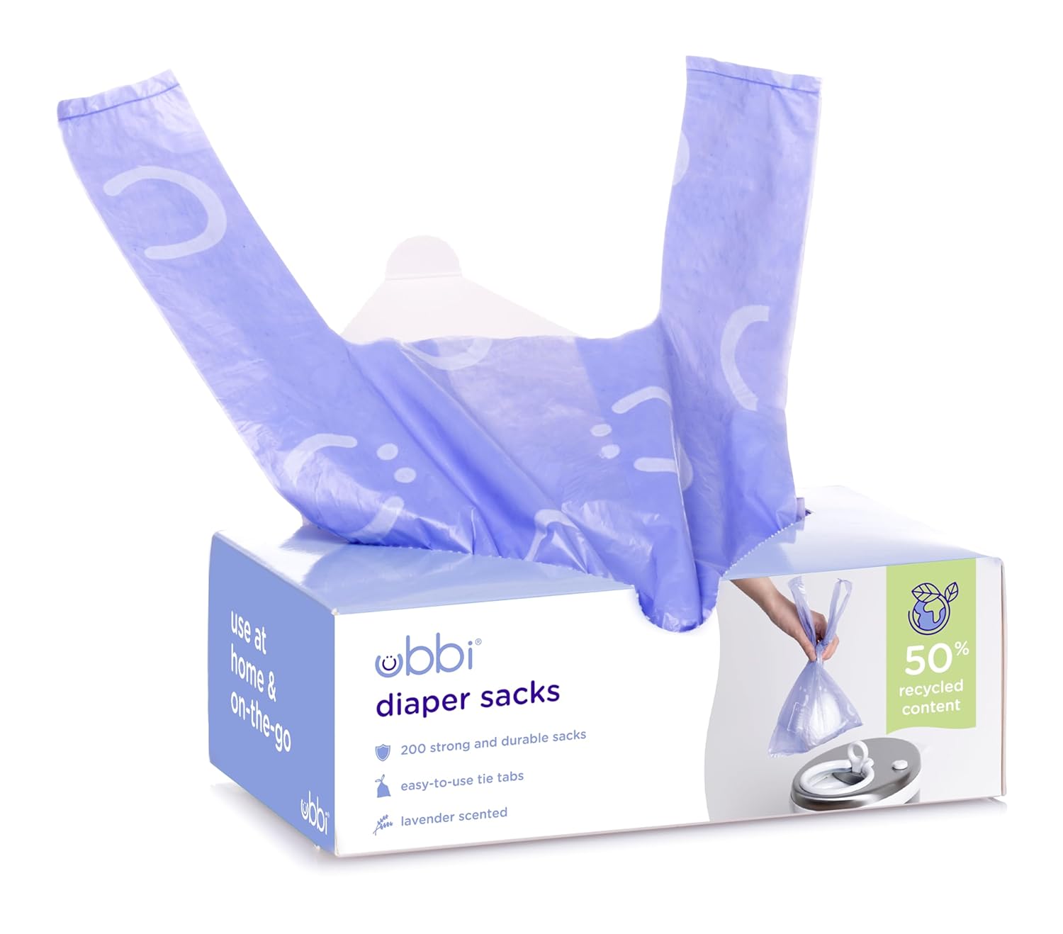 Ubbi Disposable Nappy Sacks, Lavender Scented, Easy-To-Tie Tabs, Durable, Thick Baby Nappy Disposal or Pet Waste Bags, 200 Count