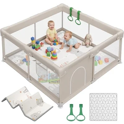 Ugozee Baby Playpen with Mat - 47x47inch Play Pen, Small Baby Fence Play Area, Playpen for Baby and Toddlers & Kids, Twins Playard for Indoors,Safe Play Pens Give Mom’s Hands a Break