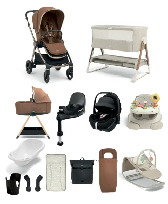 Vardo Pushchair Ultimate Newborn Bundle with Maxi-Cosi Pebble 360 Pro2 Car Seat & Base (14 Pieces) - Nutmeg