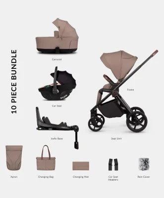 Venicci Claro 4in1 Luxury Pushchair Bundle with Tiago 2 Car Seat (10 pieces) - Almond